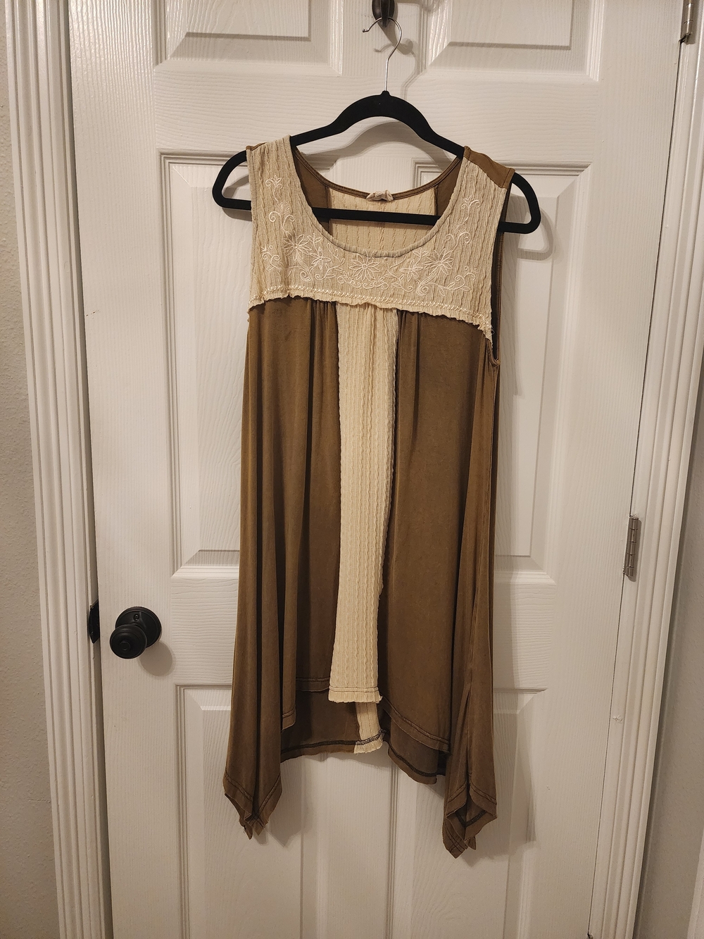 POL Olive Green Mineral Wash With Cream Embroidered Lace Detail Boho Tunic Dress
